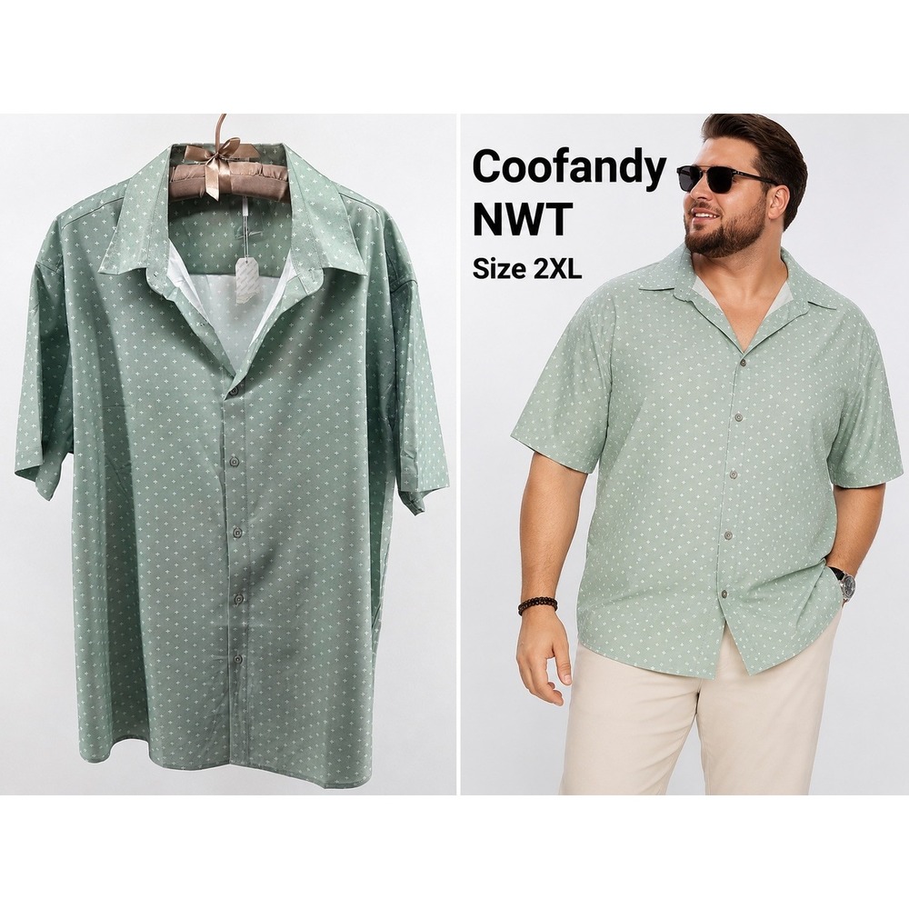 COOFANDY Men's 2XL Sage Green Short Sleeve Button Up Shirt Stretch NWT Resort